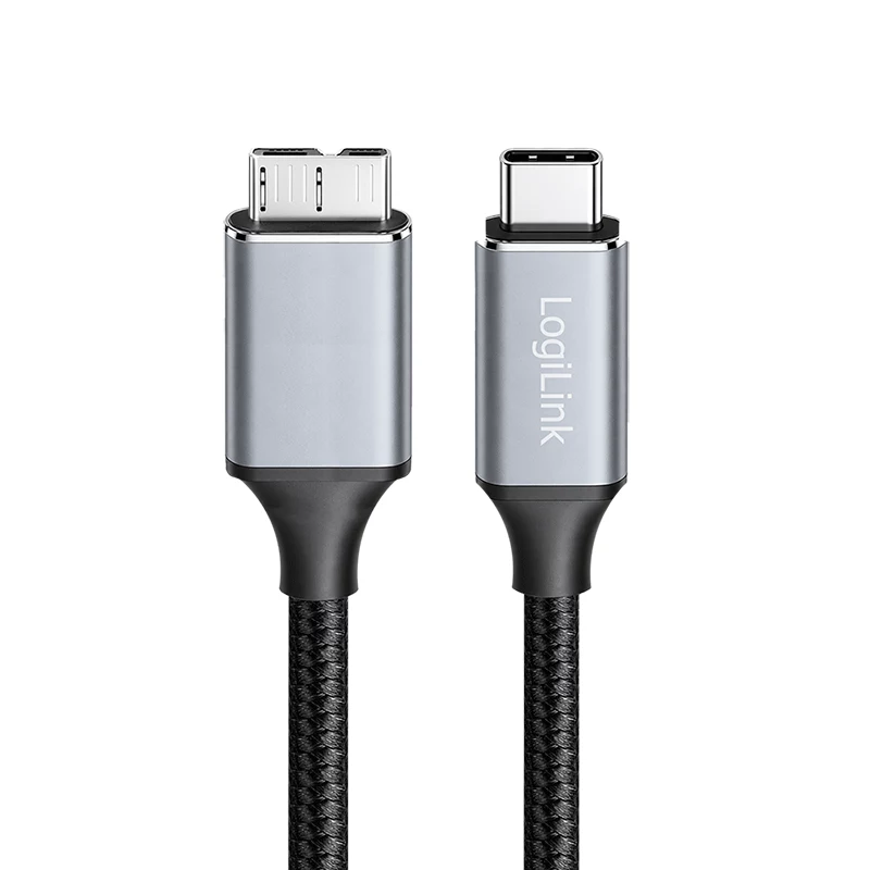Logilink CU0199 USB 3.2 Gen1 Type-C Kabel, C/M auf Micro-USB/M, 5 Gbps, Nylon, Metall, schwarz/silber, 2 m