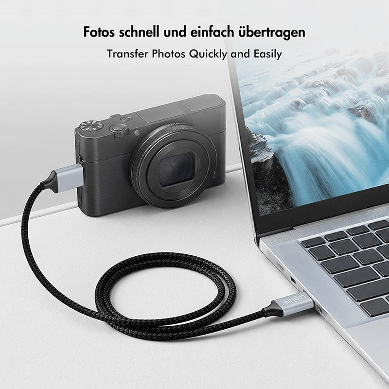 Logilink CU0199 USB 3.2 Gen1 Type-C Kabel, C/M auf Micro-USB/M, 5 Gbps, Nylon, Metall, schwarz/silber, 2 m