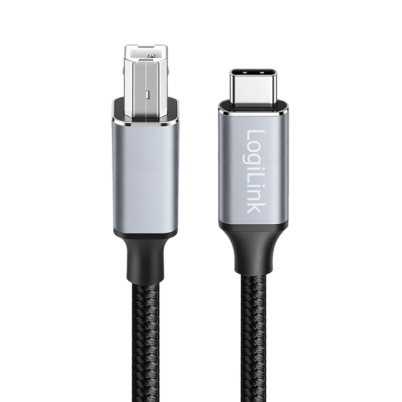 Logilink CU0515 USB 2.0 Type-C Kabel, C/M zu B/M, 480 Mbps, Nylon, Metall, schwarz/silber, 2 m