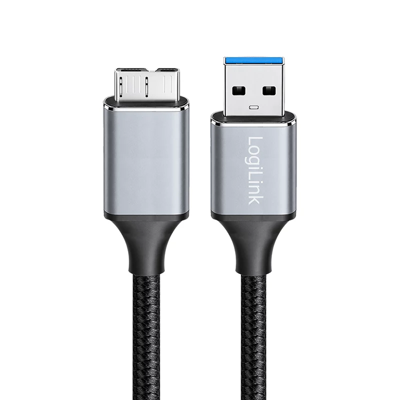 Logilink CU0290 USB-3.0-Kabel, A/M auf Micro-USB/M, 5 Gbps, Nylon, Metall, schwarz/silber, 1 m