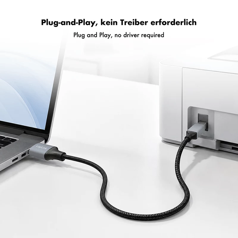 Logilink CU0108 USB-2.0-Kabel, USB-A/M auf USB-B/M, 480 Mbps, Nylon, Metall, schwarz/silber, 3 m