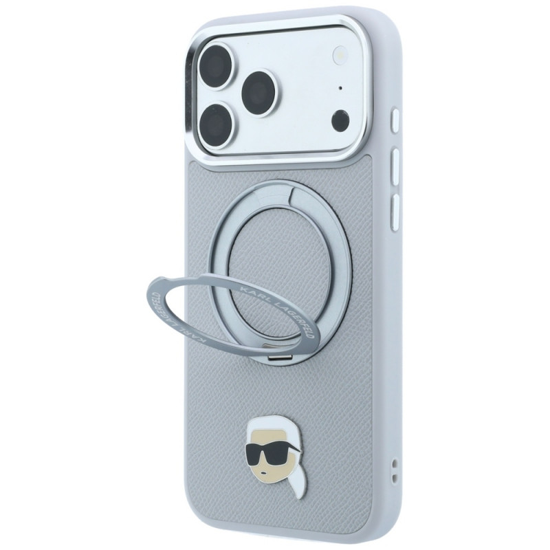 Karl Lagerfeld with Ring Stand 360 Karl Head Pin MagSafe Hülle für Apple iPhone 18 Pro Max / 17 Pro Max, grau (KF003236)