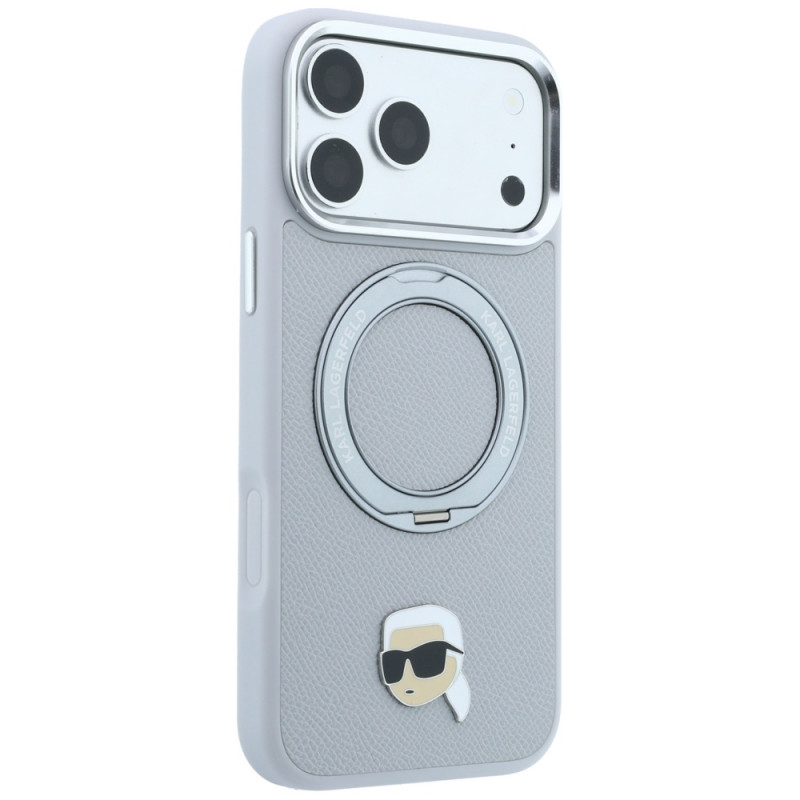 Karl Lagerfeld with Ring Stand 360 Karl Head Pin MagSafe Hülle für Apple iPhone 18 Pro Max / 17 Pro Max, grau (KF003236)
