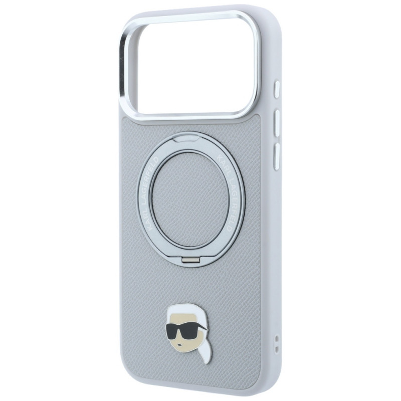 Karl Lagerfeld with Ring Stand 360 Karl Head Pin MagSafe Hülle für Apple iPhone 18 Pro Max / 17 Pro Max, grau (KF003236)