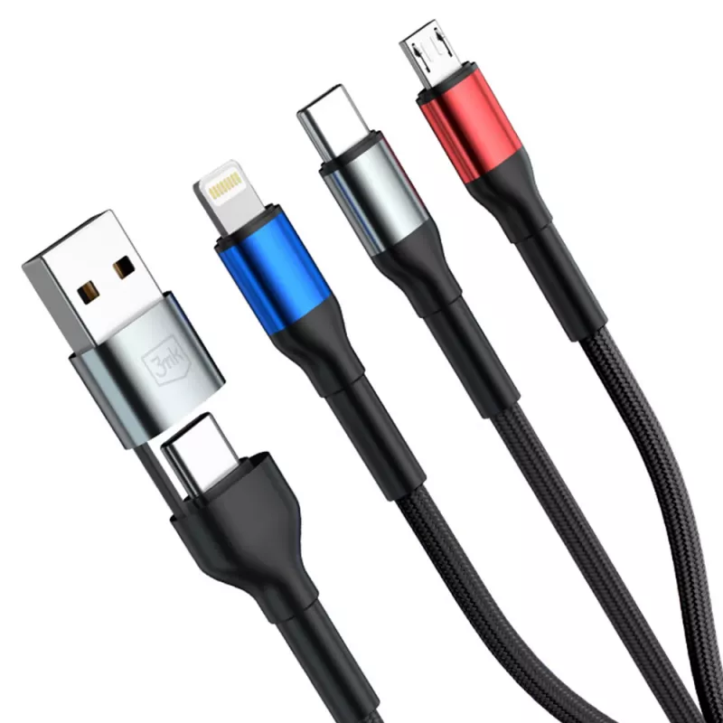 3MK Hyper Cable N-SERIES 6in1 USB-C / USB-A auf USB-C / MicroUSB / Lightning Kabel, QC 3.0, 18 W (9 V / 2 A), 1.2 m, Schwarz