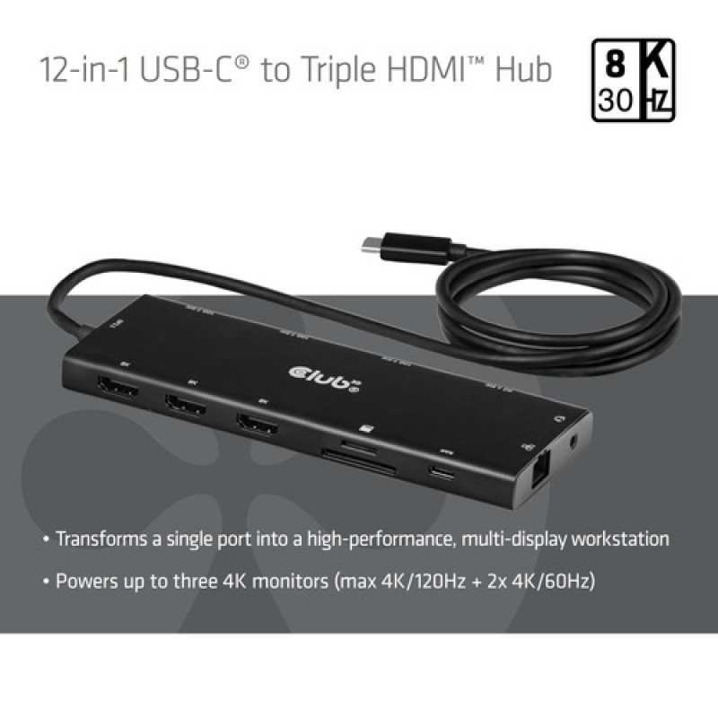 Club 3D CSV-2556 USB-C 12-in-1 Hub, 3x HDMI/3x USB-C/USB/LAN, 8K30Hz, PD 140W