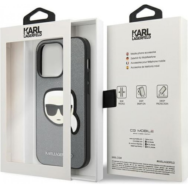 Karl Lagerfeld KLHCP14XSAPKHG Hardcase für Apple iPhone 14 Pro Max, Saffiano Karl's Head Patch, silber