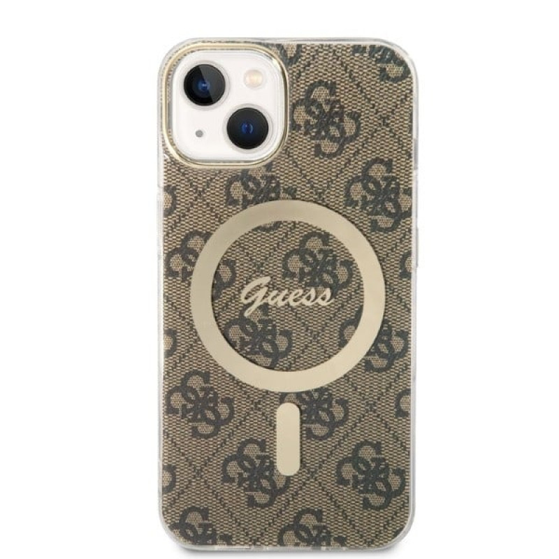Guess GUBPP14SH4EACSW Hardcase für Apple iPhone 14 + Wireless Charger, 4G Print, MagSafe, braun