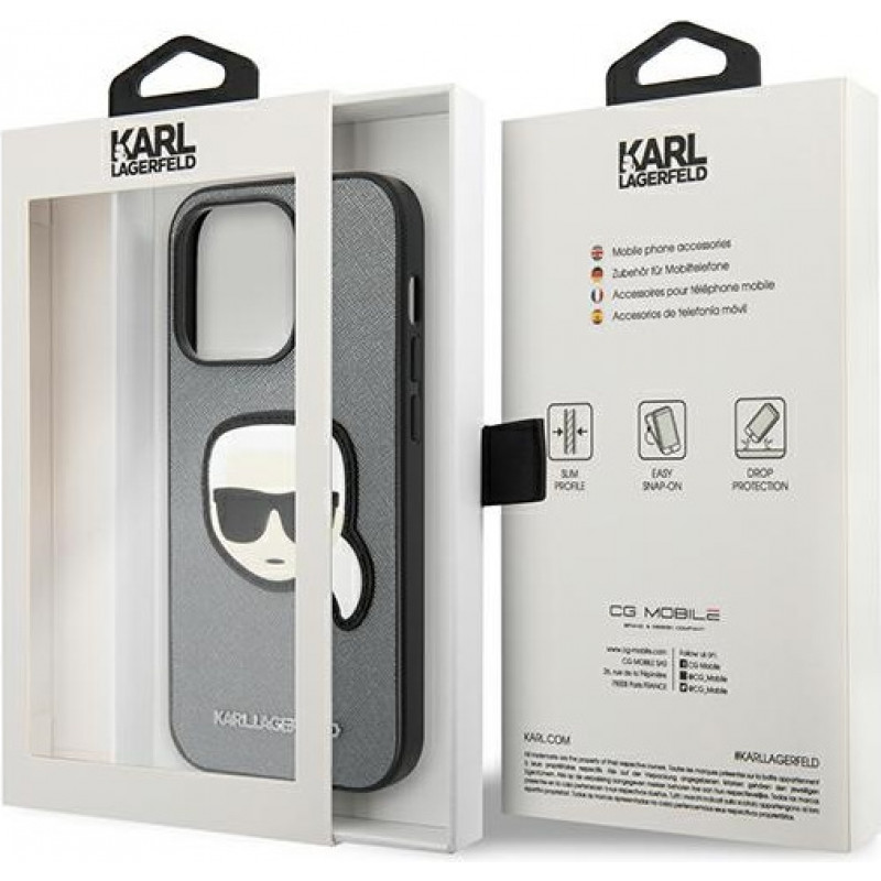 Karl Lagerfeld KLHCP14LSAPKHG Hardcase für Apple iPhone 14 Pro, Saffiano Karl's Head Patch, silber