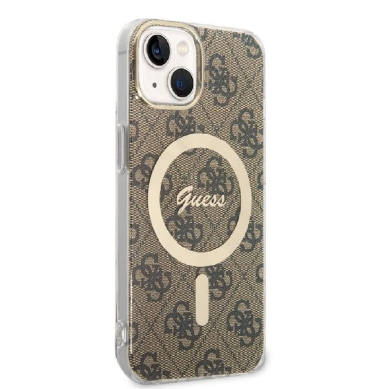 Guess GUBPP14MH4EACSW Hülle + kabelloses Ladegerät Apple iPhone 14 Plus / iPhone 15 Plus braunes Hardcase, 4G Print, MagSafe