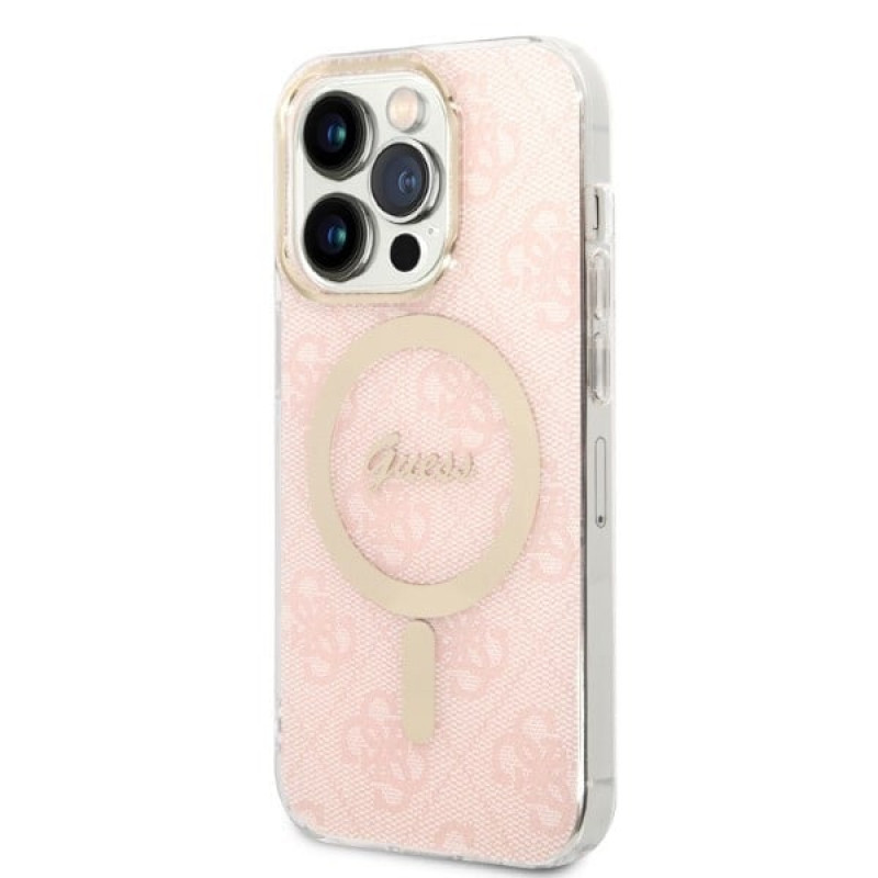 Guess GUBPP14LH4EACSP Hülle + kabelloses Ladegerät Apple iPhone 14 Pro Pink Hardcase, 4G Print, MagSafe