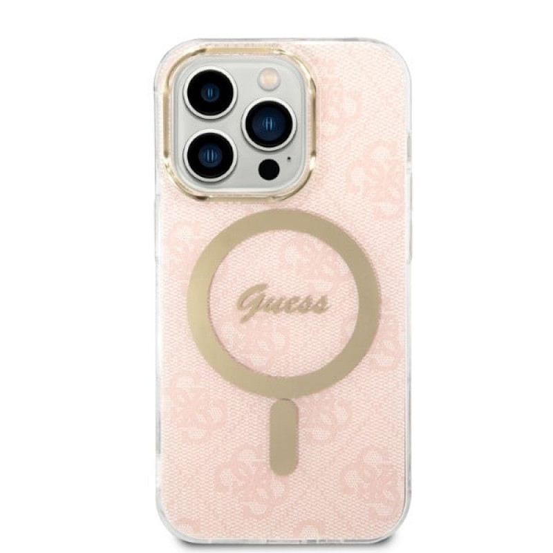 Guess GUBPP14LH4EACSP Hülle + kabelloses Ladegerät Apple iPhone 14 Pro Pink Hardcase, 4G Print, MagSafe