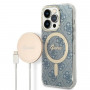 Guess GUBPP14LH4EACSB Hülle + kabelloses Ladegerät Apple iPhone 14 Pro Blau Hardcase, 4G Print, MagSafe