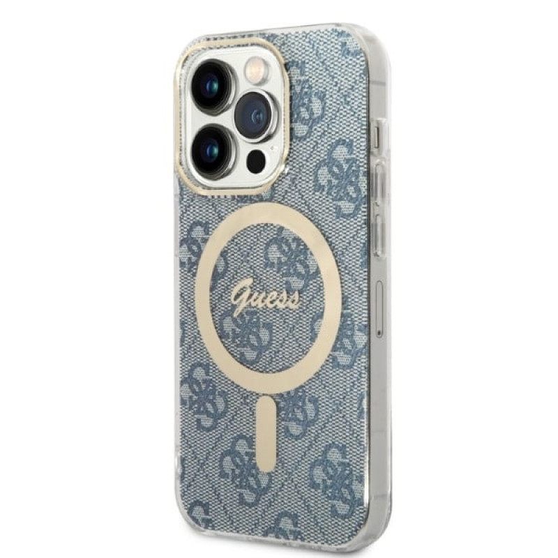 Guess GUBPP14LH4EACSB Hülle + kabelloses Ladegerät Apple iPhone 14 Pro Blau Hardcase, 4G Print, MagSafe