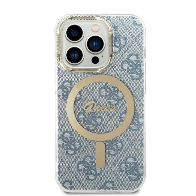 Guess GUBPP14LH4EACSB Hülle + kabelloses Ladegerät Apple iPhone 14 Pro Blau Hardcase, 4G Print, MagSafe