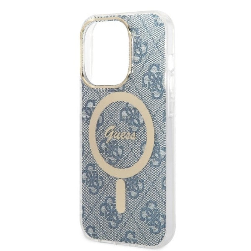 Guess GUBPP14LH4EACSB Hülle + kabelloses Ladegerät Apple iPhone 14 Pro Blau Hardcase, 4G Print, MagSafe