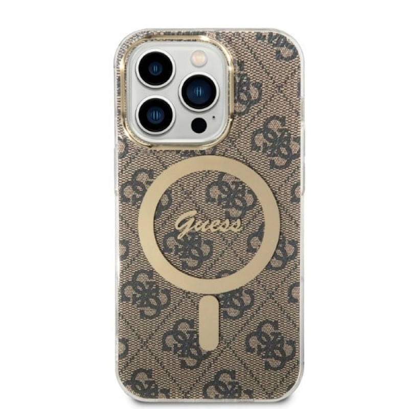 Guess GUBPP14LH4EACSW Hülle + kabelloses Ladegerät Apple iPhone 14 Pro braunes Hardcase, 4G Print, MagSafe