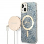 Guess GUBPP14MH4EACSB Hülle + kabelloses Ladegerät Apple iPhone 14 Plus / iPhone 15 Plus blaues Hardcase, 4G Print, MagSafe
