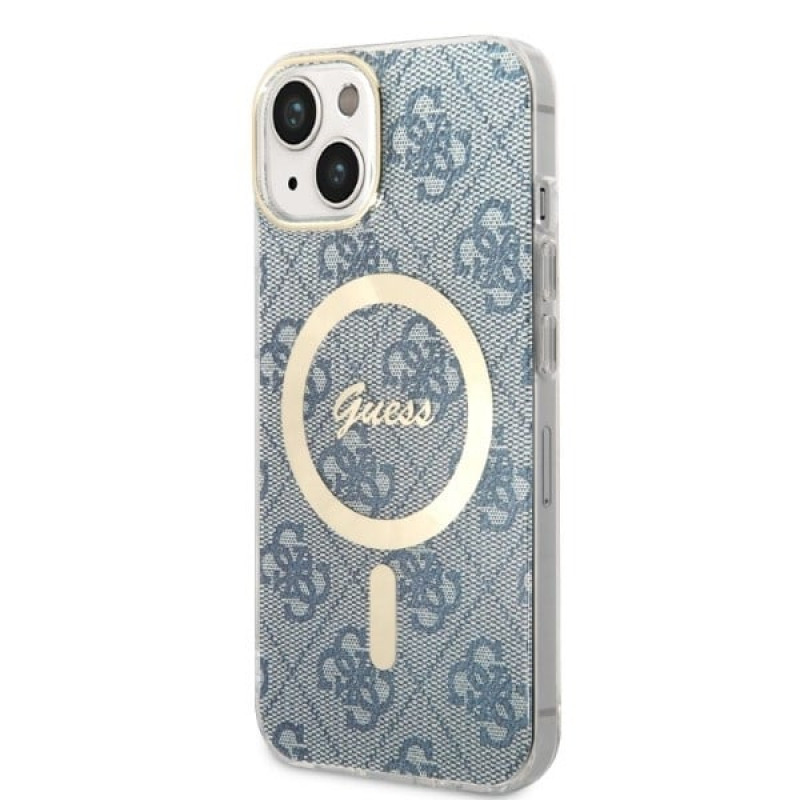 Guess GUBPP14MH4EACSB Hülle + kabelloses Ladegerät Apple iPhone 14 Plus / iPhone 15 Plus blaues Hardcase, 4G Print, MagSafe