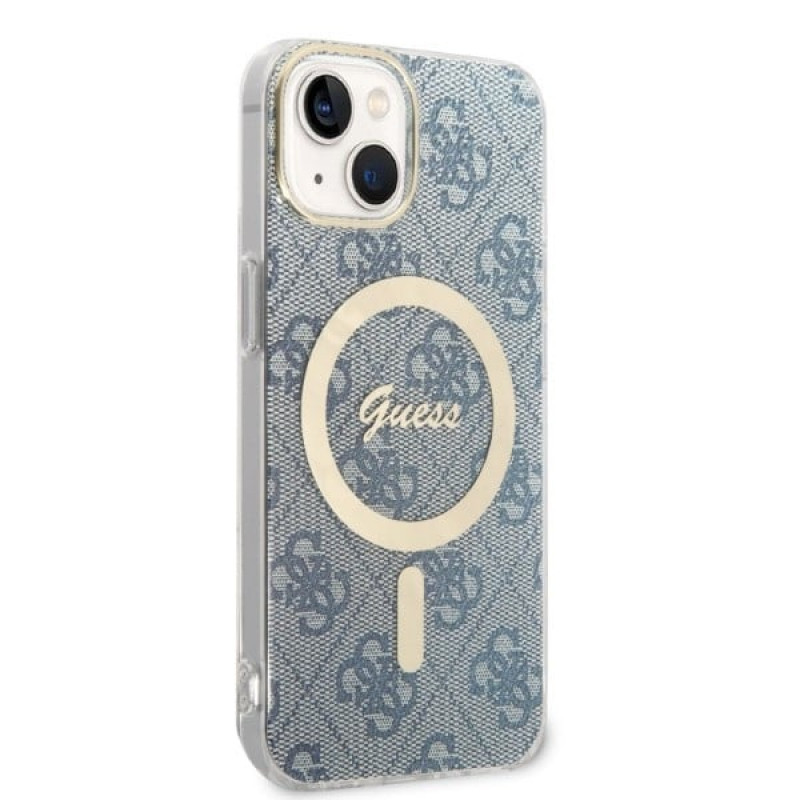 Guess GUBPP14MH4EACSB Hülle + kabelloses Ladegerät Apple iPhone 14 Plus / iPhone 15 Plus blaues Hardcase, 4G Print, MagSafe