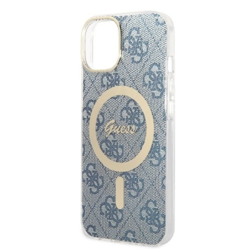 Guess GUBPP14MH4EACSB Hülle + kabelloses Ladegerät Apple iPhone 14 Plus / iPhone 15 Plus blaues Hardcase, 4G Print, MagSafe