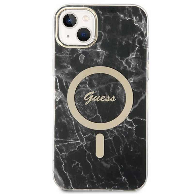 Guess GUBPP14MHMEACSK Hülle + kabelloses Ladegerät Apple iPhone 14 Plus / iPhone 15 Plus Schwarz Hardcase, Marble, MagSafe