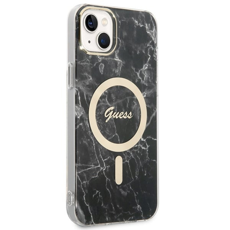 Guess GUBPP14MHMEACSK Hülle + kabelloses Ladegerät Apple iPhone 14 Plus / iPhone 15 Plus Schwarz Hardcase, Marble, MagSafe