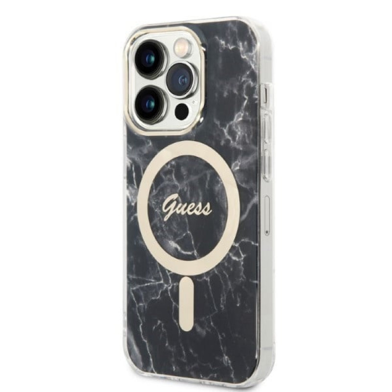 Guess GUBPP14XHMEACSK Hülle + kabelloses Ladegerät Apple iPhone 14 Pro Max schwarzes Hardcase, Marble, MagSafe