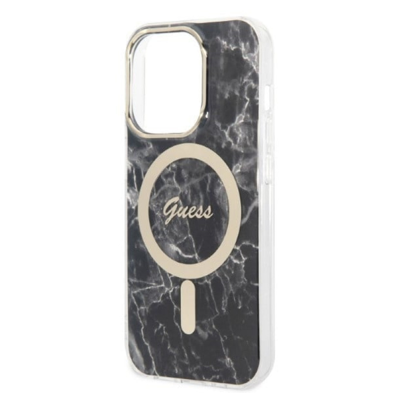 Guess GUBPP14XHMEACSK Hülle + kabelloses Ladegerät Apple iPhone 14 Pro Max schwarzes Hardcase, Marble, MagSafe