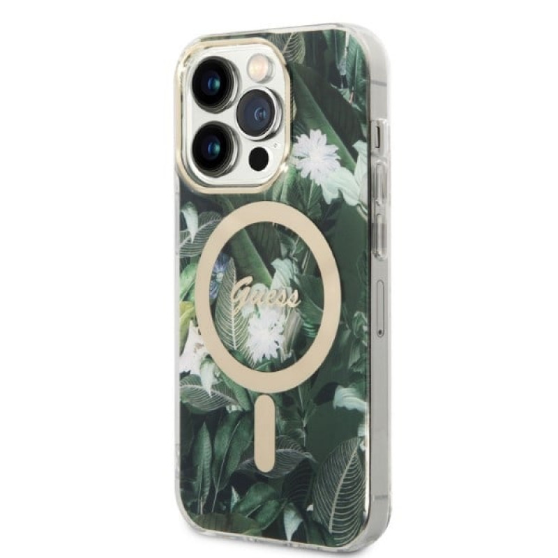 Guess GUBPP14LHJEACSA Hülle + kabelloses Ladegerät Apple iPhone 14 Pro grünes Hardcase, Jungle, MagSafe