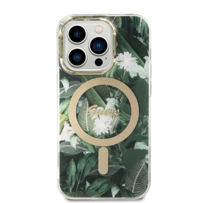 Guess GUBPP14LHJEACSA Hülle + kabelloses Ladegerät Apple iPhone 14 Pro grünes Hardcase, Jungle, MagSafe