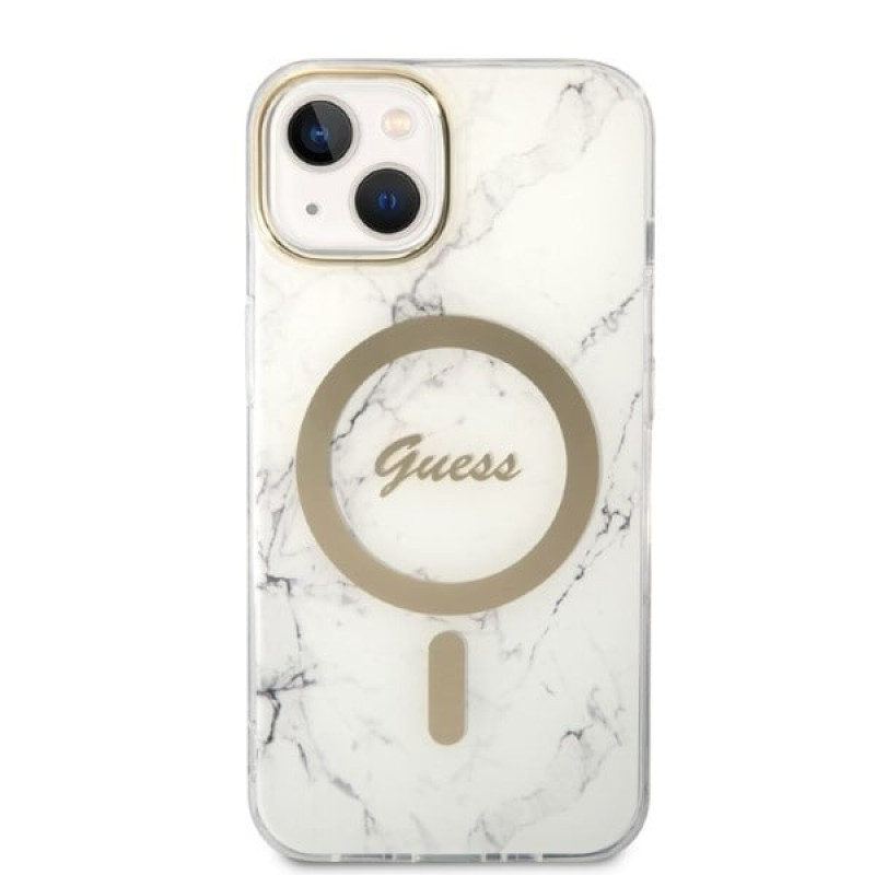 Guess GUBPP14MHMEACSH Hülle + kabelloses Ladegerät Apple iPhone 14 Plus / iPhone 15 Plus Weiß Hardcase, Marble, MagSafe