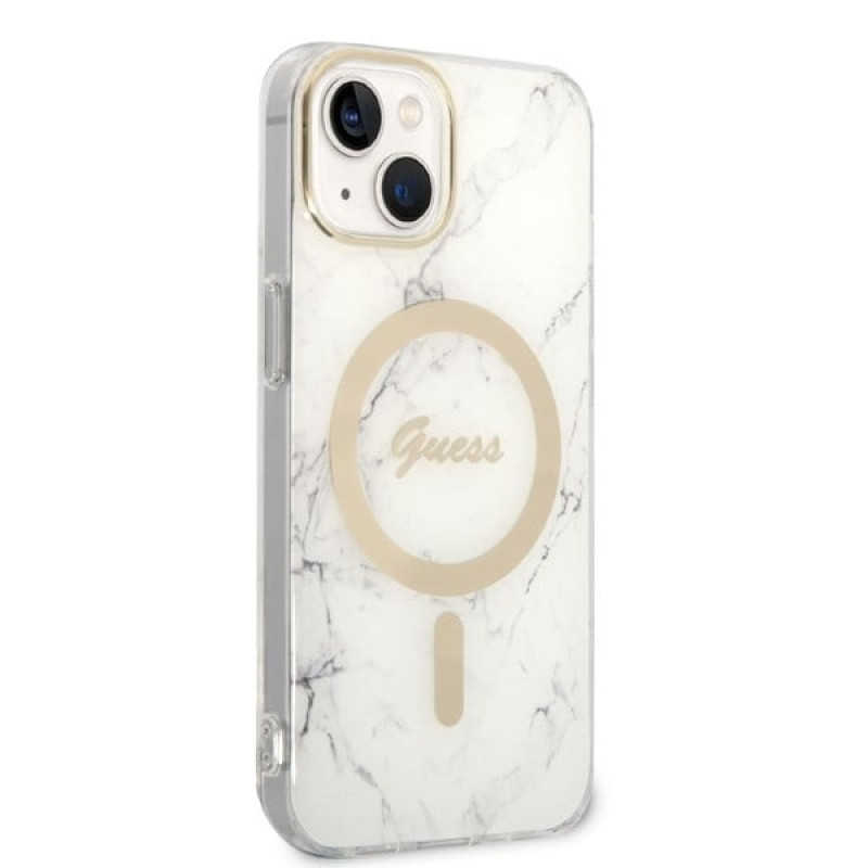 Guess GUBPP14MHMEACSH Hülle + kabelloses Ladegerät Apple iPhone 14 Plus / iPhone 15 Plus Weiß Hardcase, Marble, MagSafe
