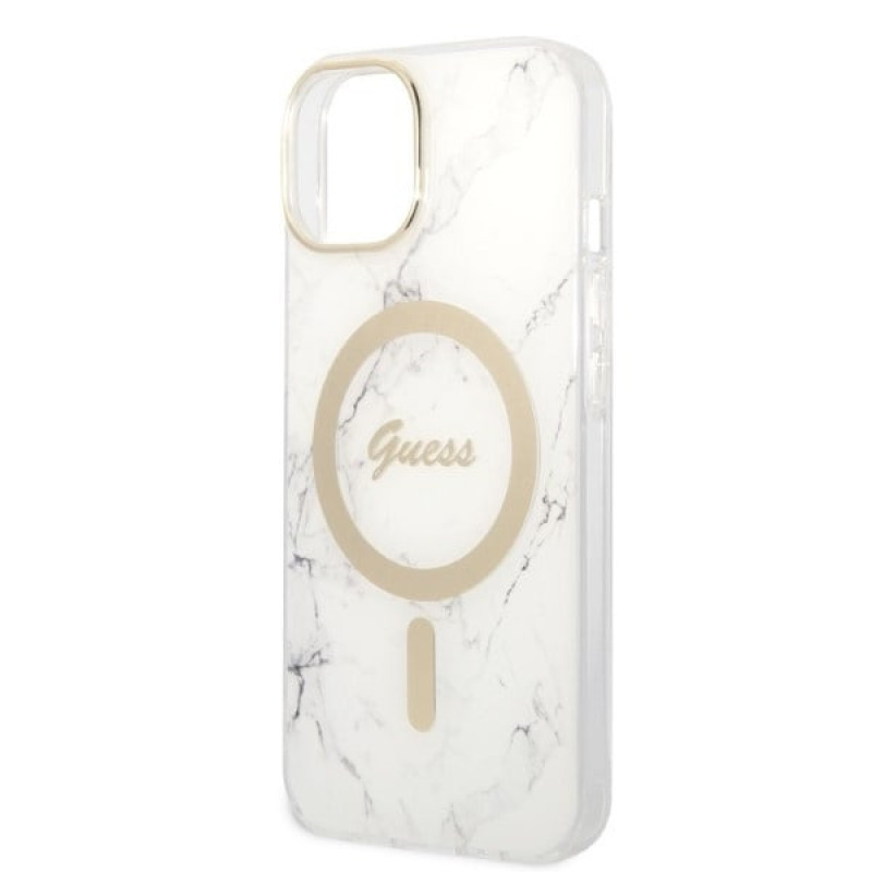 Guess GUBPP14MHMEACSH Hülle + kabelloses Ladegerät Apple iPhone 14 Plus / iPhone 15 Plus Weiß Hardcase, Marble, MagSafe