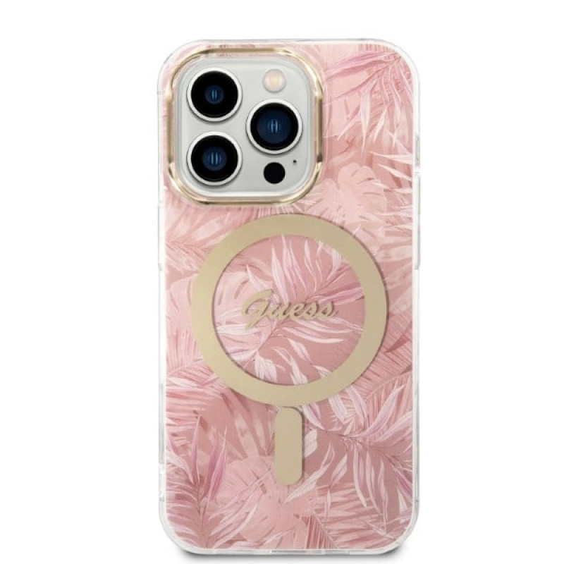Guess GUBPP14LHJEACSP Hülle + kabelloses Ladegerät für Apple iPhone 14 Pro, Jungle, rosa Hardcase, MagSafe
