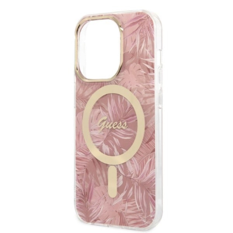 Guess GUBPP14LHJEACSP Hülle + kabelloses Ladegerät für Apple iPhone 14 Pro, Jungle, rosa Hardcase, MagSafe