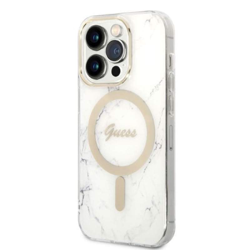 Guess GUBPP14LHMEACSH Hülle + kabelloses Ladegerät Apple iPhone 14 Pro Weiß Hardcase, Marble, MagSafe