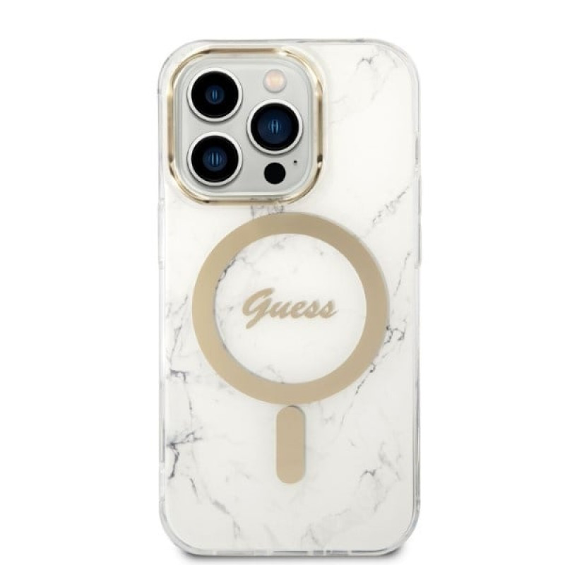 Guess GUBPP14LHMEACSH Hülle + kabelloses Ladegerät Apple iPhone 14 Pro Weiß Hardcase, Marble, MagSafe