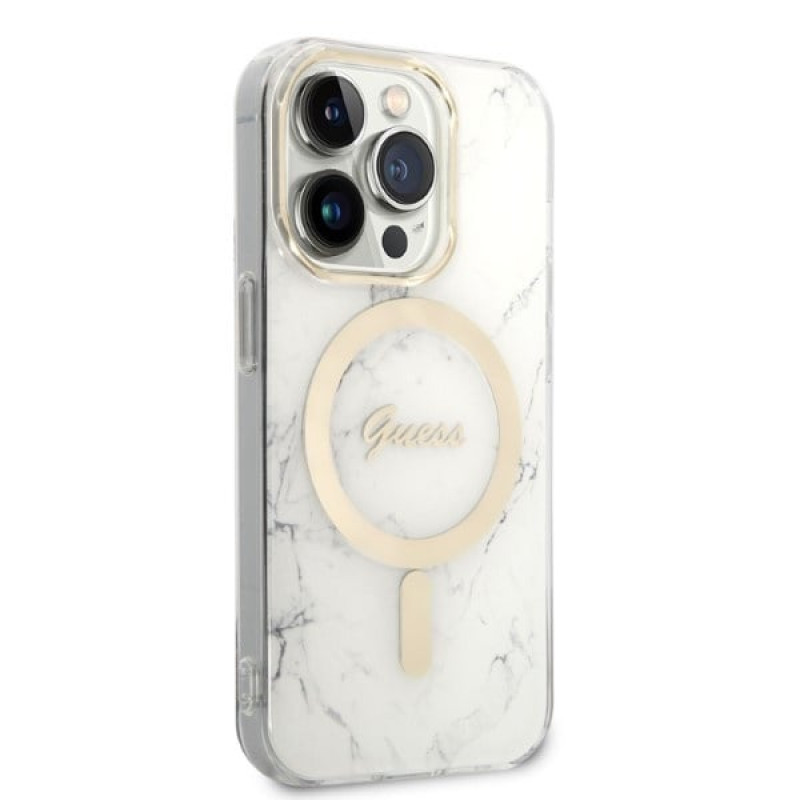 Guess GUBPP14LHMEACSH Hülle + kabelloses Ladegerät Apple iPhone 14 Pro Weiß Hardcase, Marble, MagSafe