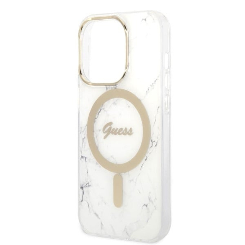 Guess GUBPP14LHMEACSH Hülle + kabelloses Ladegerät Apple iPhone 14 Pro Weiß Hardcase, Marble, MagSafe