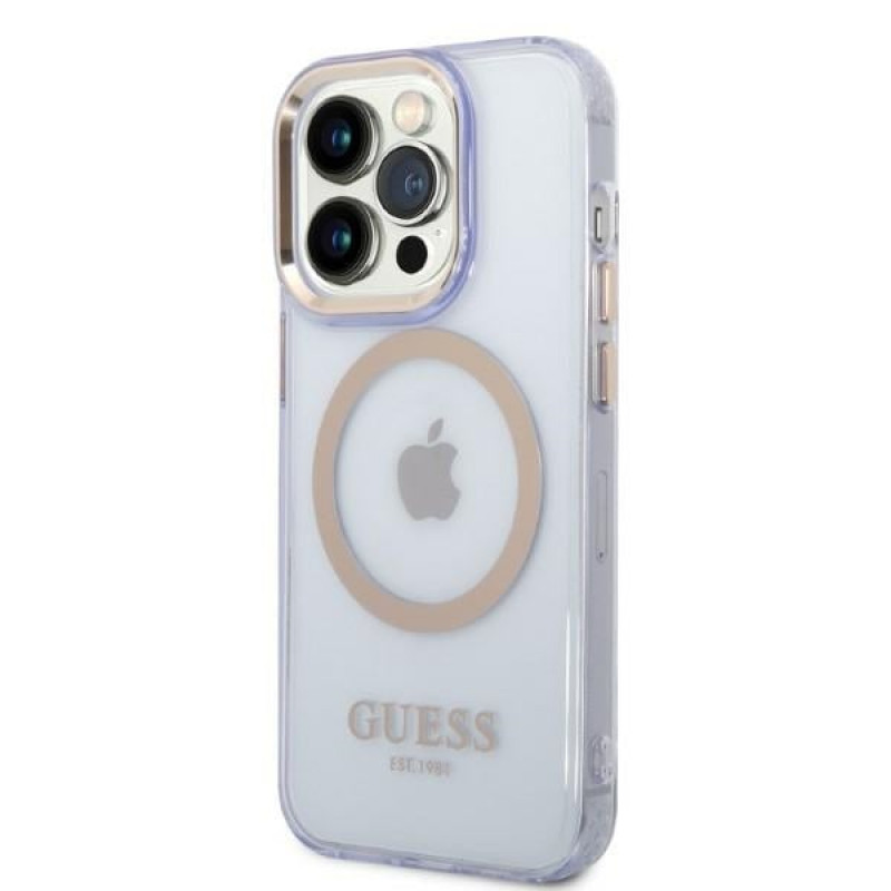 Guess GUHMP14XHTCMU Apple iPhone 14 Pro Max lila Hardcase, Gold Outline Translucent, MagSafe