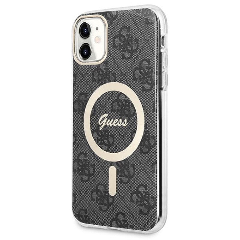 Guess GUBPN61H4EACSK Hülle + kabelloses Ladegerät für Apple iPhone 11, 4G Print, schwarze Hardcase, MagSafe