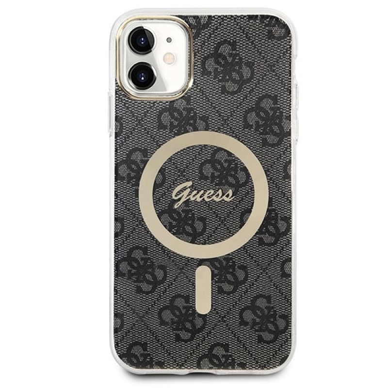 Guess GUBPN61H4EACSK Hülle + kabelloses Ladegerät für Apple iPhone 11, 4G Print, schwarze Hardcase, MagSafe