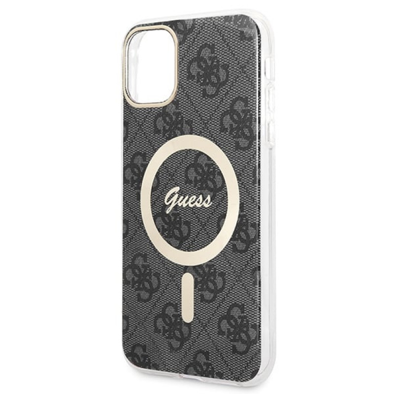 Guess GUBPN61H4EACSK Hülle + kabelloses Ladegerät für Apple iPhone 11, 4G Print, schwarze Hardcase, MagSafe