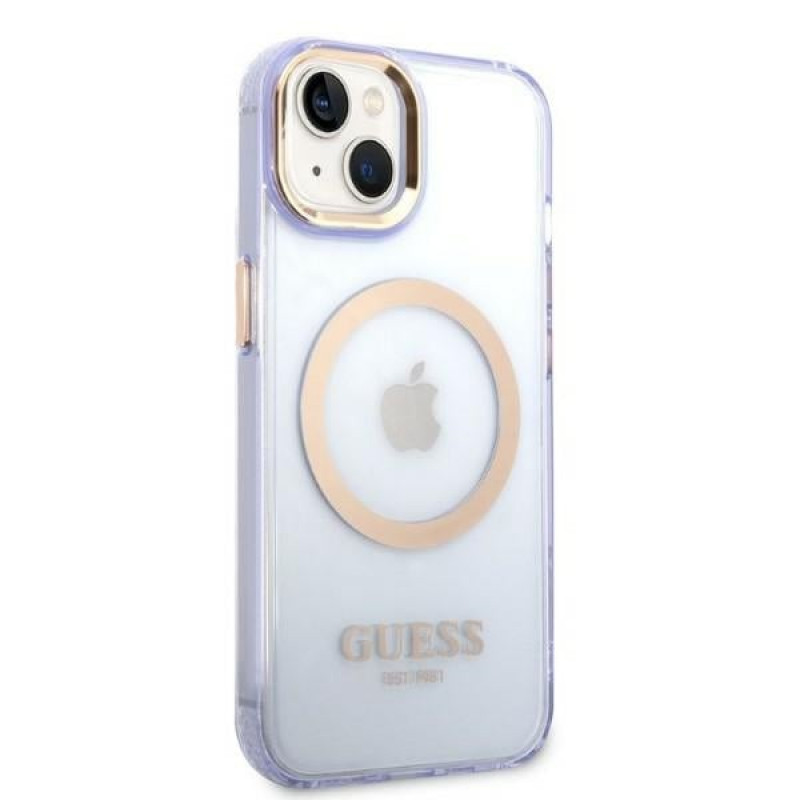 Guess GUHMP14SHTCMU Apple iPhone 14 Hardcase in Lila, Gold Outline Translucent, MagSafe