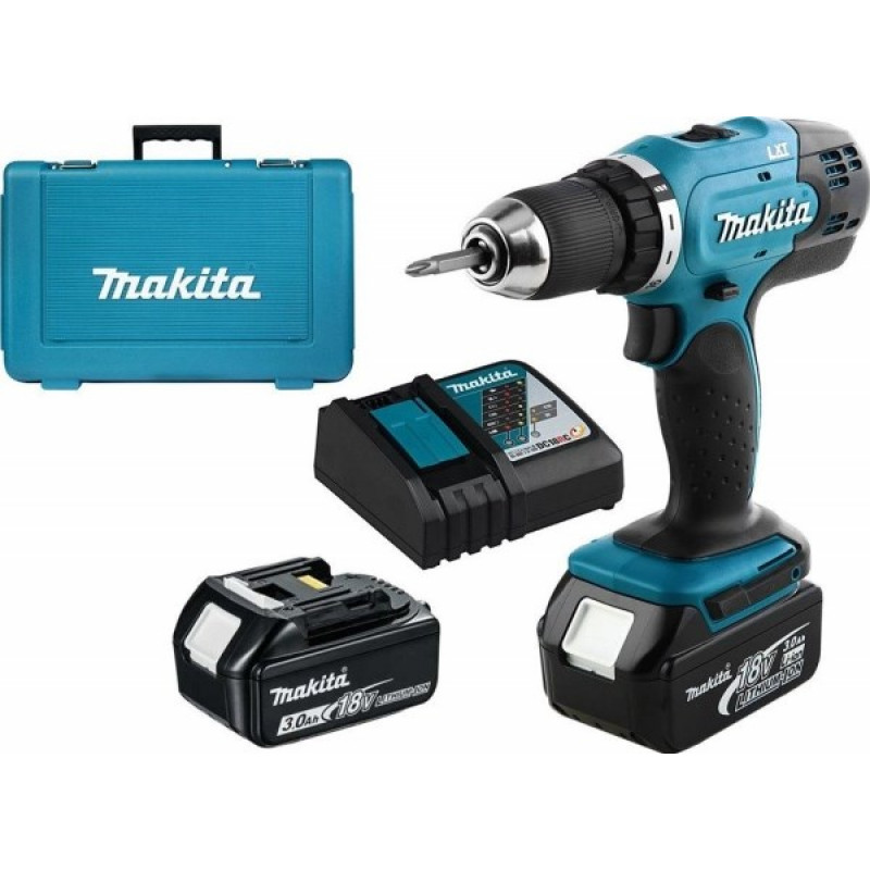 Makita DDF453RFE Akkubohrschrauber mit 2 Akkus und Schnellspannbohrfutter, schwarz/blau