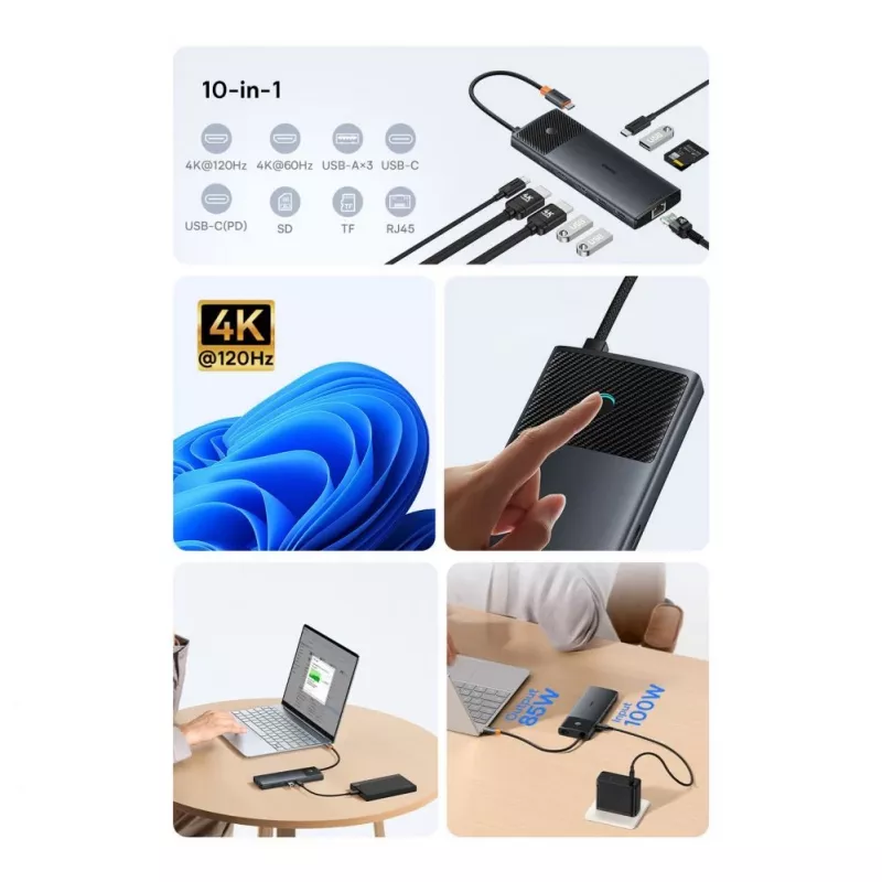 Baseus Metal Gleam Series 10-in-1 USB-C Hub USB-C auf USB-C PD / USB-C / 3x USB-A / 2x HDMI / RJ-45 / SD / TF - Schwarz