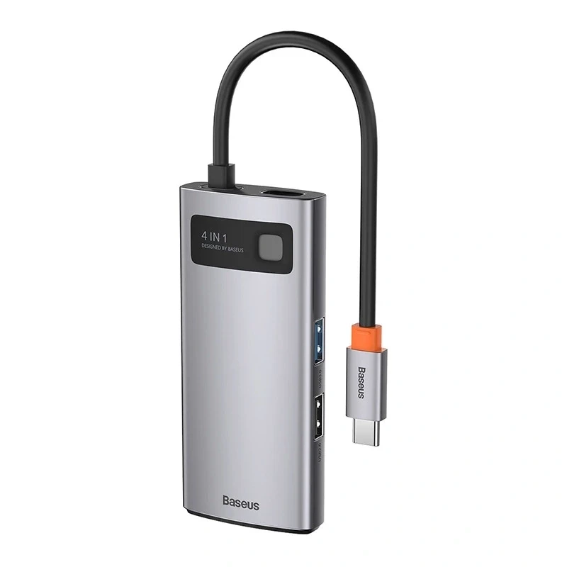 Baseus Metal Gleam Series 4-in-1 USB-C Hub, USB 3.0 + USB 2.0 + HDMI + USB-C PD, Silber