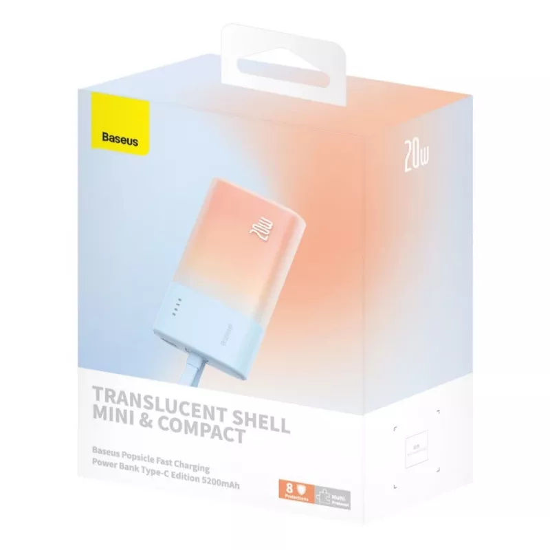 Baseus Popsicle 5200mAh 20W Powerbank mit integriertem Lightning-Kabel und weißem USB-C auf USB-C 60W 30cm Kabel - Blau-Orange
