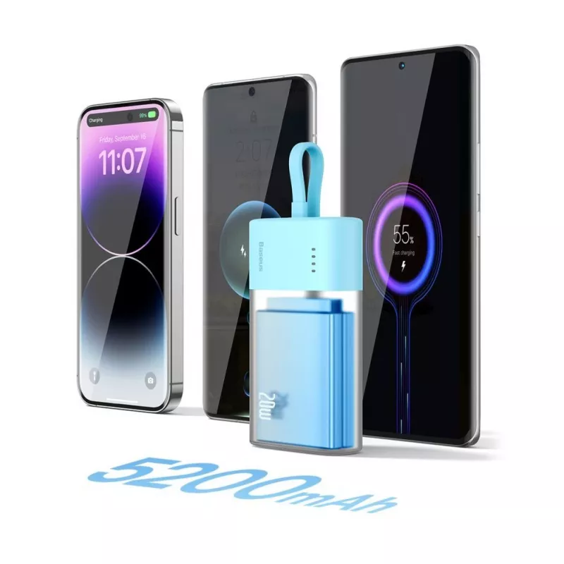 Baseus Popsicle 5200mAh 20W Powerbank mit integriertem Lightning-Kabel und weißem USB-C auf USB-C 60W 30cm Kabel - Blau-Orange